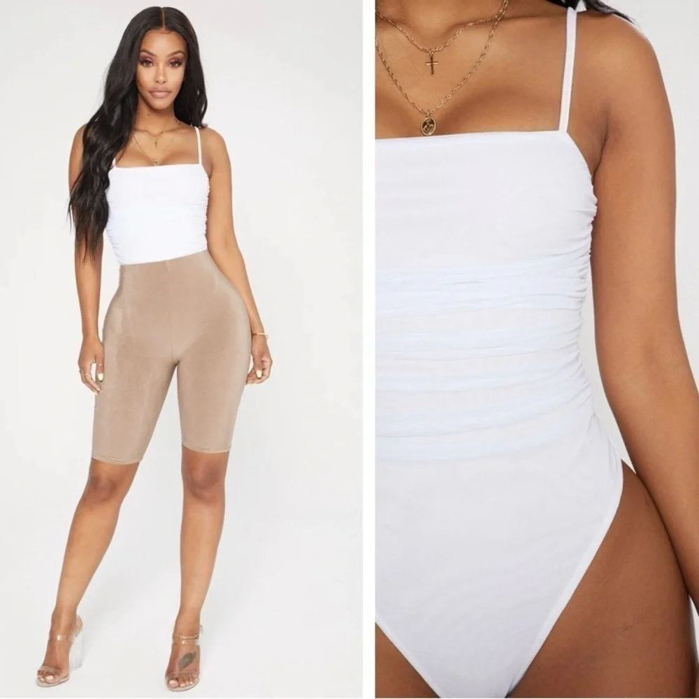 pretty little thing white Mesh Ruched Detail Thong bodysuit size 6